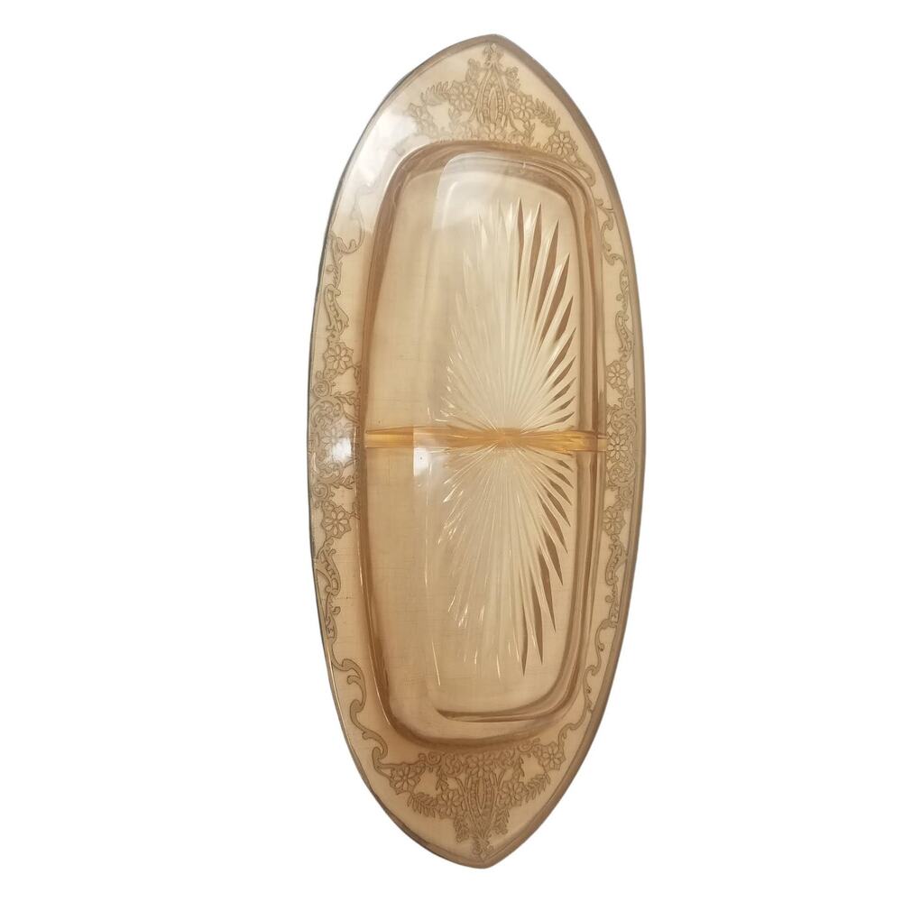 Vintage Pink Depression Glass Divided Oval Dish Tray Candy Nut Starburst Design